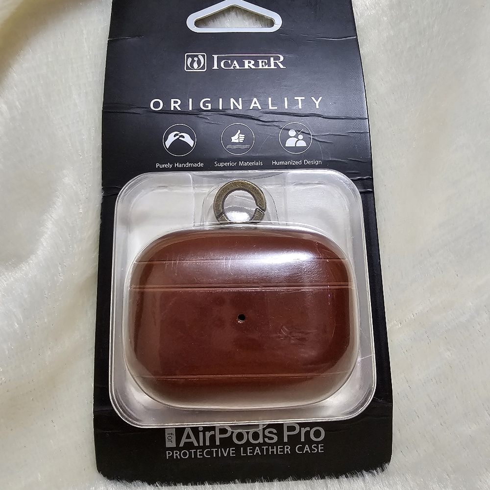 Icarer Airpods Pro Leather Case Earbuds IPhone w/Hook Brown NWT